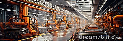 Workers operating heavy machinery, overseeing production in dynamic factory environment Stock Photo