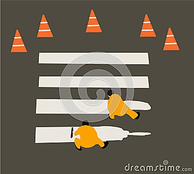 Workers are painting white street lines on pedestrian crossing. Stock Photo