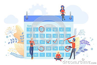 Workers planning time with calendar flat vector illustration. People marking dates with red circle, check signs cartoon Vector Illustration