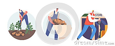 Workers Produce Potato Production Isolated Round Icons Or Avatars. Male Characters Wear Uniform Digging Ripe Vegetable Vector Illustration