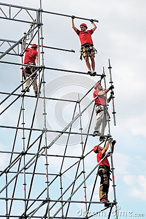 Workers in red uniform Editorial Stock Photo