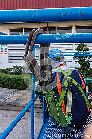 Workers safety uniform on scaffolding,copy space Stock Photo