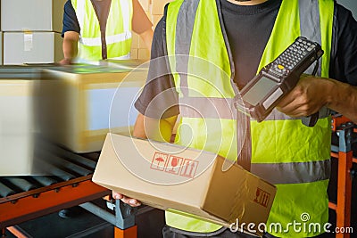 Workers Scanning Bar Code Scanner on Package Boxes. Storehouse. Warehouse Shipping. Shipment Boxes. Stock Photo