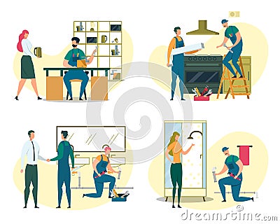 Workers Set Up Different Home and Office Equipment Vector Illustration