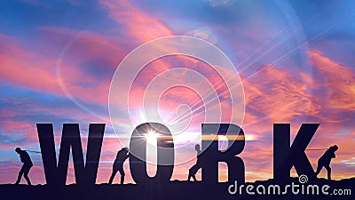 Workers struggle to move Work letters, making job done, completing task efforts Stock Photo