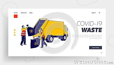 Workers Throw Garbage Landing Page Template. Janitors Characters in Protective Masks Collecting and Loading Covid Waste Vector Illustration