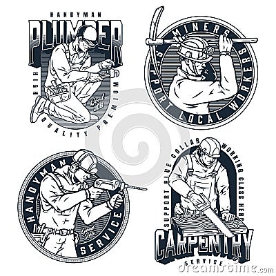 Workers with tools emblems set Vector Illustration