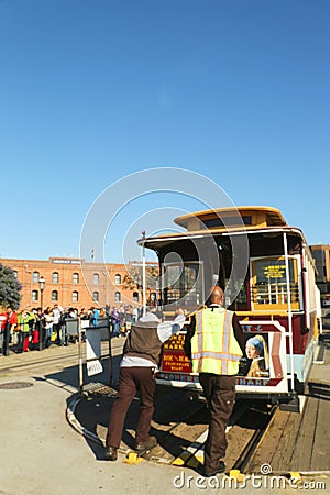 Workers turning the famous cable car at the turnaround at Powell and Market Street in San Francisco Editorial Stock Photo