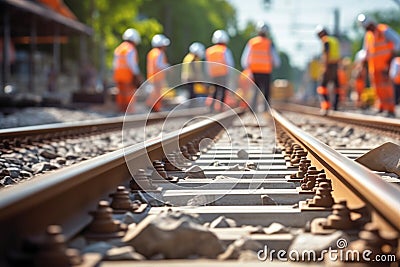 Workers in uniform tighten bolts. Installation of railway rails for trams and reconstruction of tram tracks. Generative AI Stock Photo