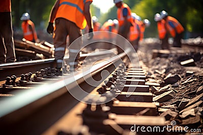 Workers in uniform tighten bolts. Installation of railway rails for trams and reconstruction of tram tracks. Generative AI Stock Photo