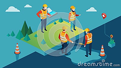Workers using tingedge 3D mapping technology to guide the placement of underwater construction materials.. Vector Vector Illustration