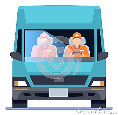Workers in van front view. Cargo shipping service icon Vector Illustration