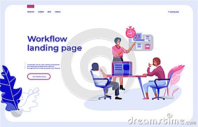 Workflow landing page. Office people team interacting with business dashboard and communicating. Vector work Vector Illustration