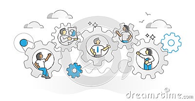 Workflow management as united employee mechanism monocolor outline concept Vector Illustration