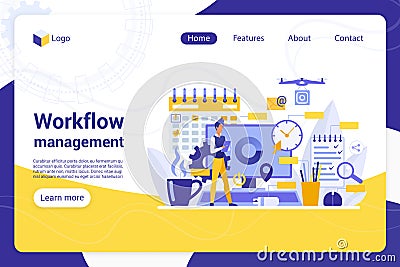 Workflow management flat landing page vector template Vector Illustration