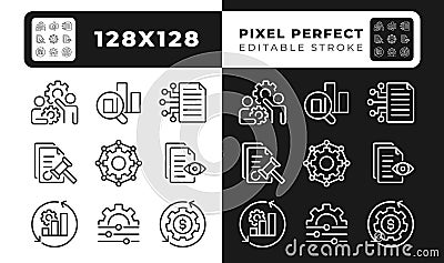 Workflow management pixel perfect linear icons set for dark, light mode Vector Illustration