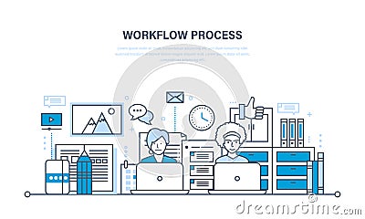 Workflow, workplace, environment, software and hardware, thought process communication. Vector Illustration