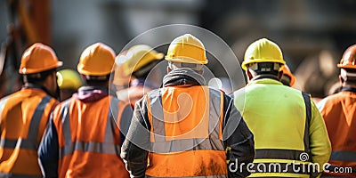 workforce. workers with helmets and safety vests ready to work at construction site Stock Photo