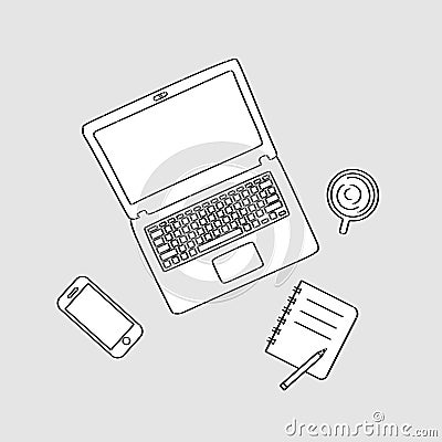 Working area conceptual hand drawn line art of notebook, note, smart phone, and coffee Vector Illustration