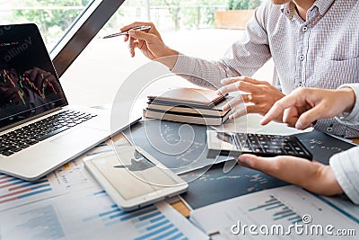 Working business man, team of broker or traders talking about forex on multiple computer screens of stock market invest trading Stock Photo