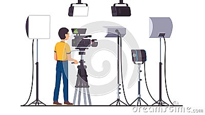 Cameraman shooting with video camera on stand Vector Illustration