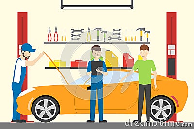 Working at car service. Vector Illustration