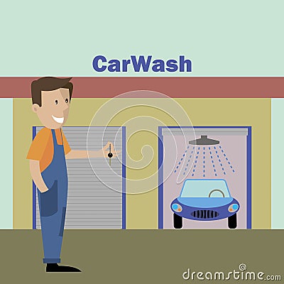 Working at the car wash washes the car Vector Illustration