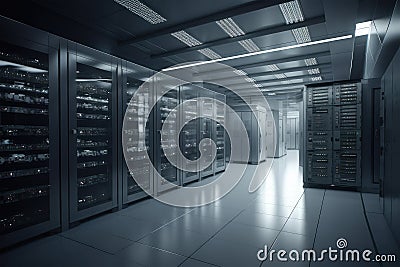 Working data centre with rows of rack servers, server room, big data storage. Generative AI Stock Photo