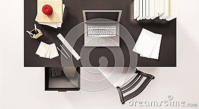 Working desk space, top view, with computer laptop, paper work, books, chair, opened drawer, apple and etc., 3d rendered Stock Photo