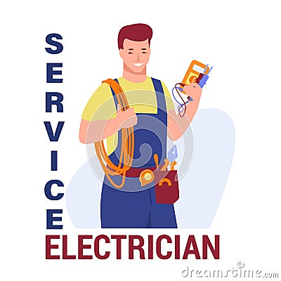 Working electrician with tools. Wires, tester in hands. Service electrician. Vector illustration in flat cartoon style. Isolated Vector Illustration