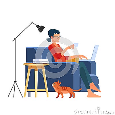 Working enjoying time at home. Beautiful young smiling woman working on laptop and drinking coffee while sitting in a Vector Illustration