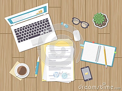 Working environment, business concept, analysis, audit. Charts, graphs and forms. Desktop with documents, laptop, notebook. Vector Illustration