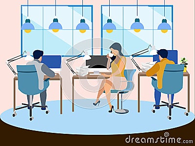 The working environment in the office. Employees work. In minimalist style Cartoon flat Vector Vector Illustration