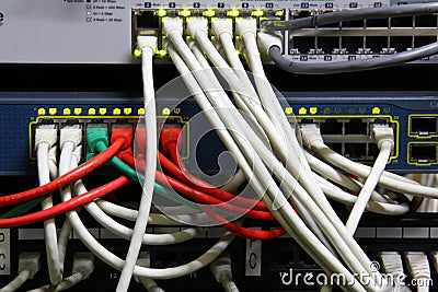 Working Ethernet switch and computer Stock Photo