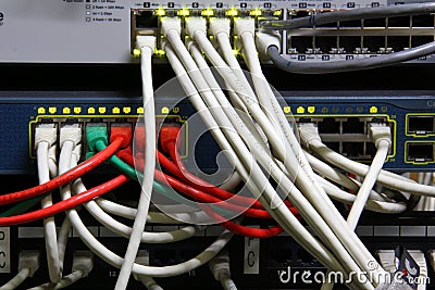 Working Ethernet switch and computer Stock Photo