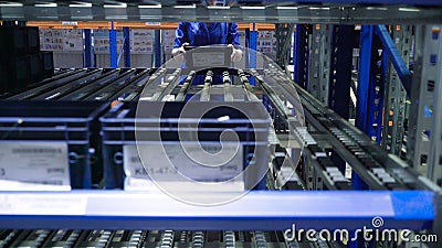Working in factory warehouse. Scene. Technology for placing containers on shelves in warehouse of enterprise. Woman Stock Photo