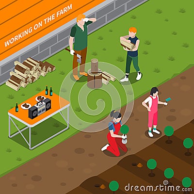 Working On Family Farm Isometric Composition Vector Illustration