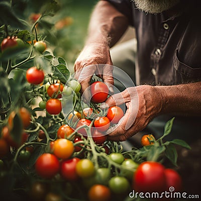 Working farm hands hold a branch with tomatoes. Harvest care. Blurred foreground Stock Photo