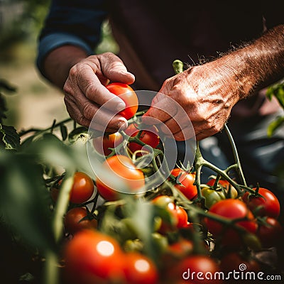 Working farm hands hold a branch with tomatoes. Harvest care. Blurred foreground Stock Photo