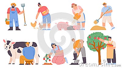 Working farmers. Agricultural worker milk cow, feed chickens and pigs, harvesting apples and planting. Cartoon farm Vector Illustration