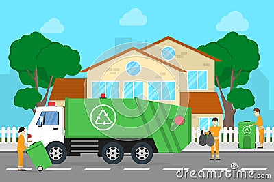 Working with garbage truck. Vector Illustration