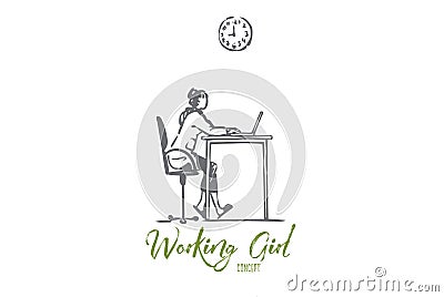 Working, girl, computer, internet, job concept. Hand drawn isolated vector. Vector Illustration