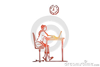 Working, girl, computer, internet, job concept. Hand drawn isolated vector. Vector Illustration