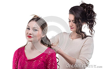 Working hairstylist and smiling client Stock Photo