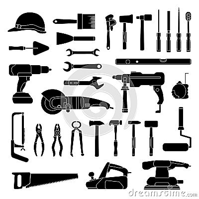 Working hand tools silhouette. Construction and home repair toolkit logo icons. Workshop hardware, drill, hammer, saw Vector Illustration
