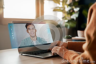 Working From Home Concept. Online Meeting for Small Business Partnership. Young Employee Woman making a Video Call to Talking Stock Photo