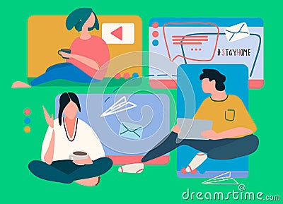 Working from home concept. Video conferencing software ad. Covid-19 quarantine concept Vector Illustration