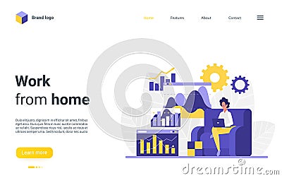 Working from home landing page, busy freelance businessman analyzing charts and reports Vector Illustration