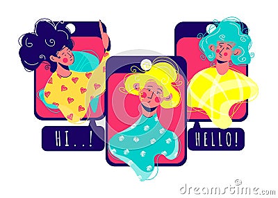 Three girls talk to each other on smartphone screens. Vector Illustration