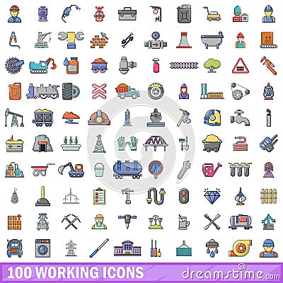 100 working icons set, cartoon style Vector Illustration